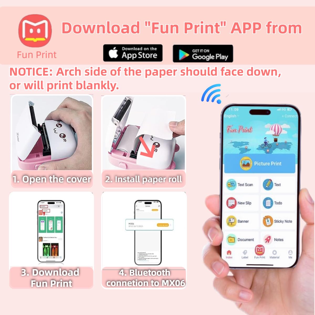 Mini Bluetooth Label Printer – Ink-free, pink, with 13 paper rolls.