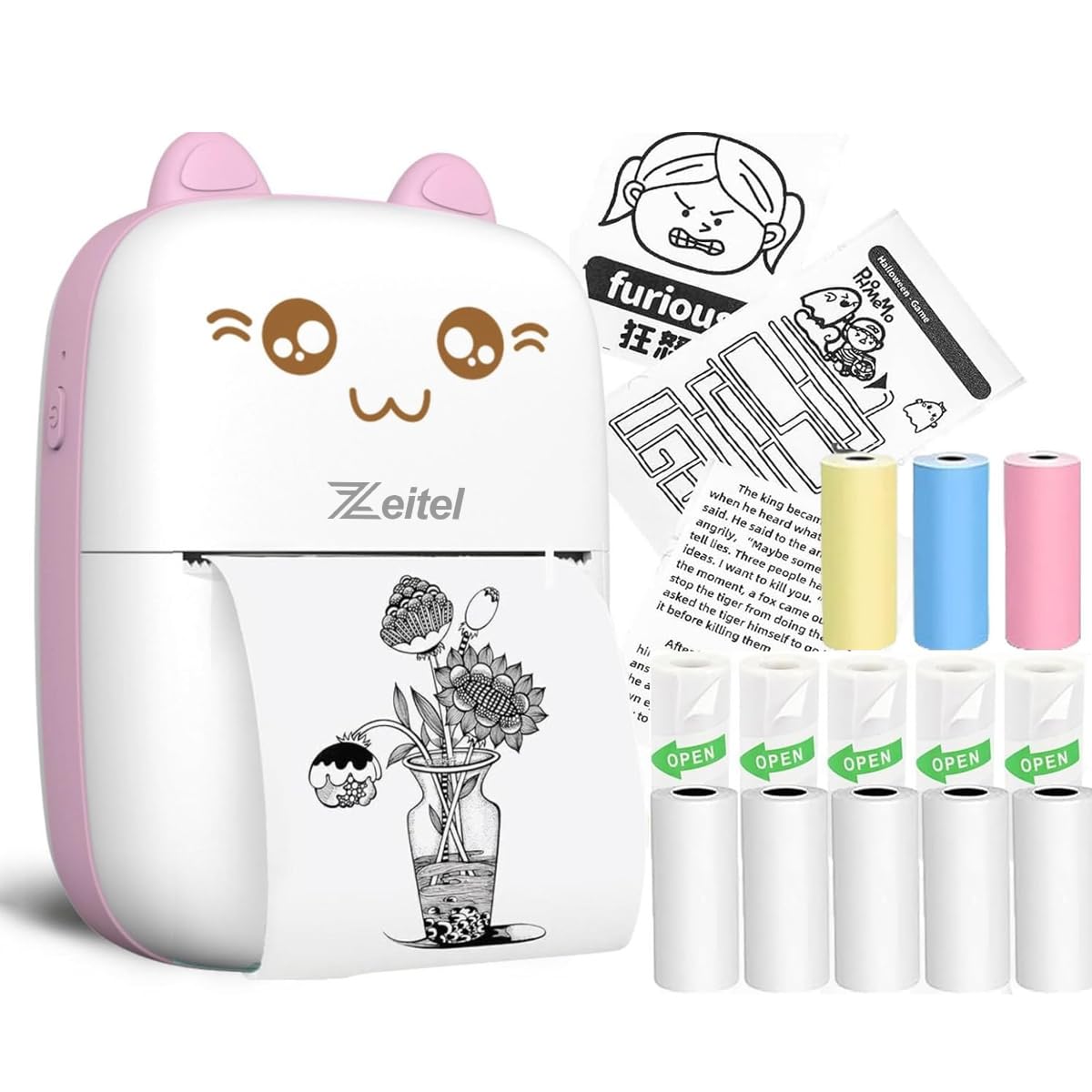 Mini Bluetooth Label Printer – Ink-free, pink, with 13 paper rolls.