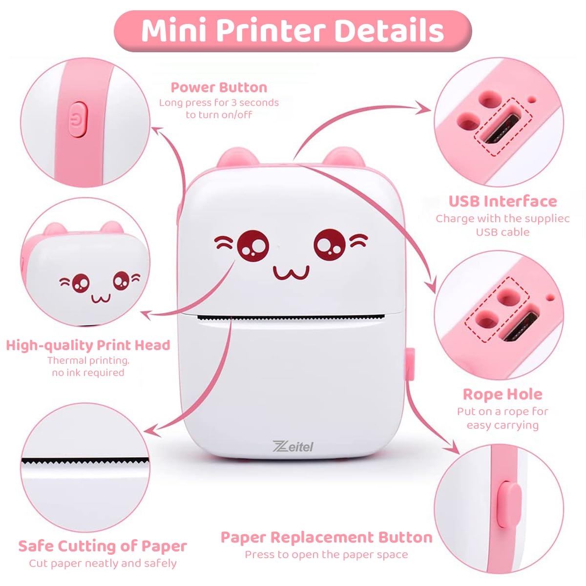 Mini Bluetooth Label Printer – Ink-free, pink, with 13 paper rolls.