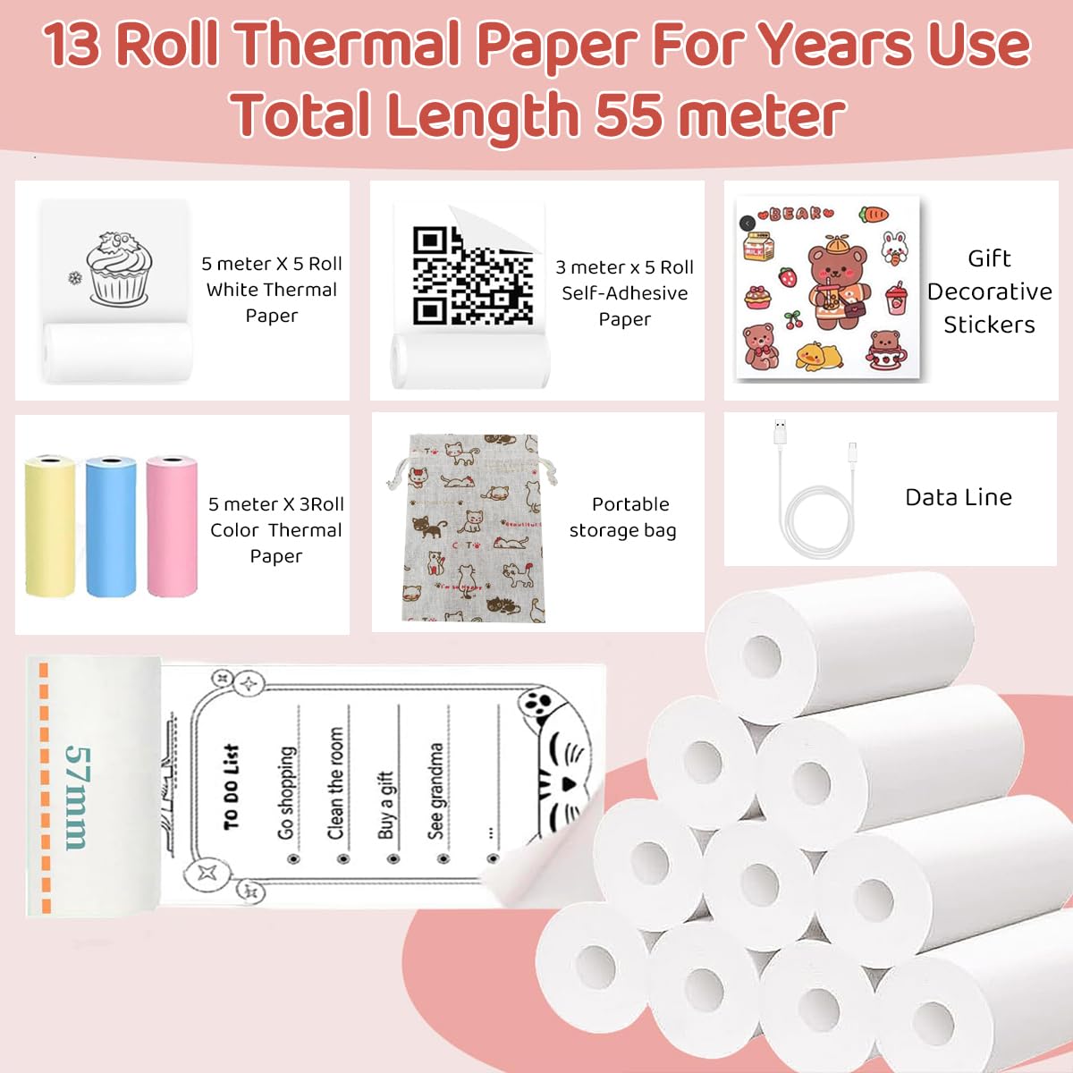 Mini Bluetooth Label Printer – Ink-free, pink, with 13 paper rolls.