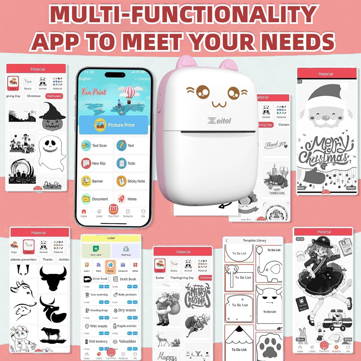 Mini Bluetooth Label Printer – Ink-free, pink, with 13 paper rolls.
