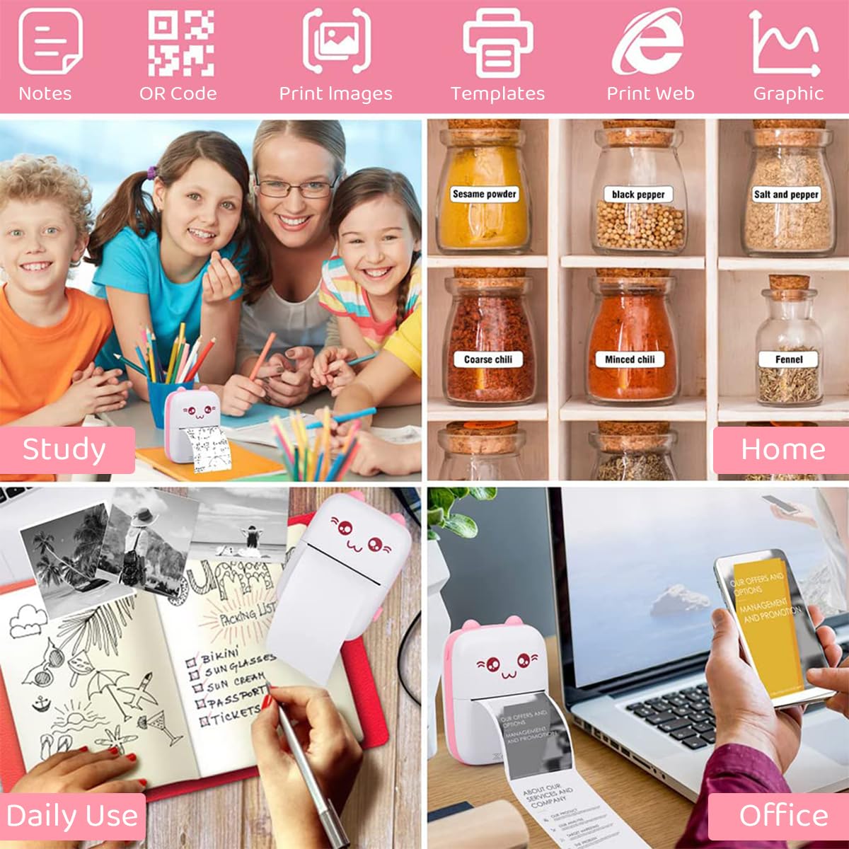 Mini Bluetooth Label Printer – Ink-free, pink, with 13 paper rolls.