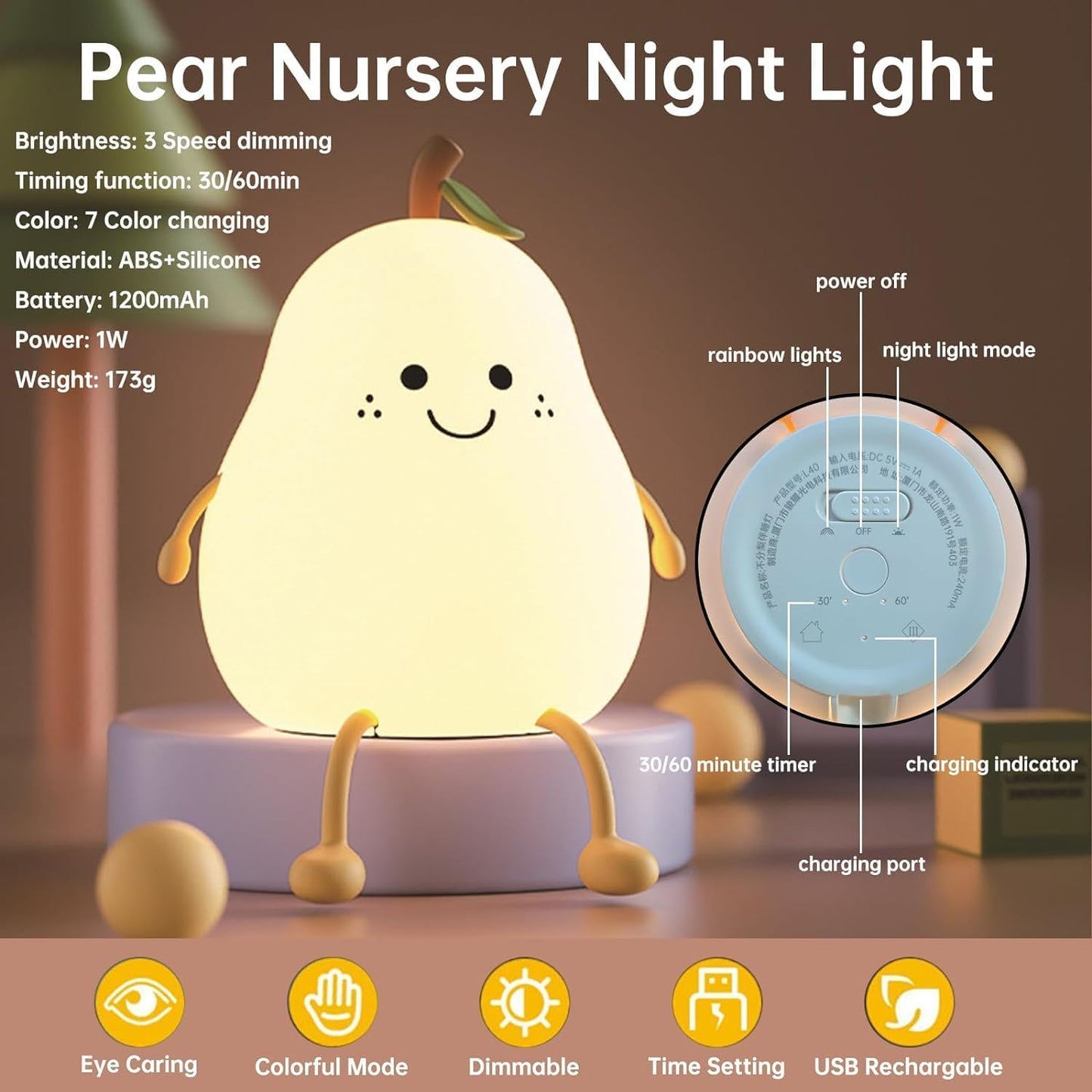 Cute Pear LED Night Light with 7 Colors