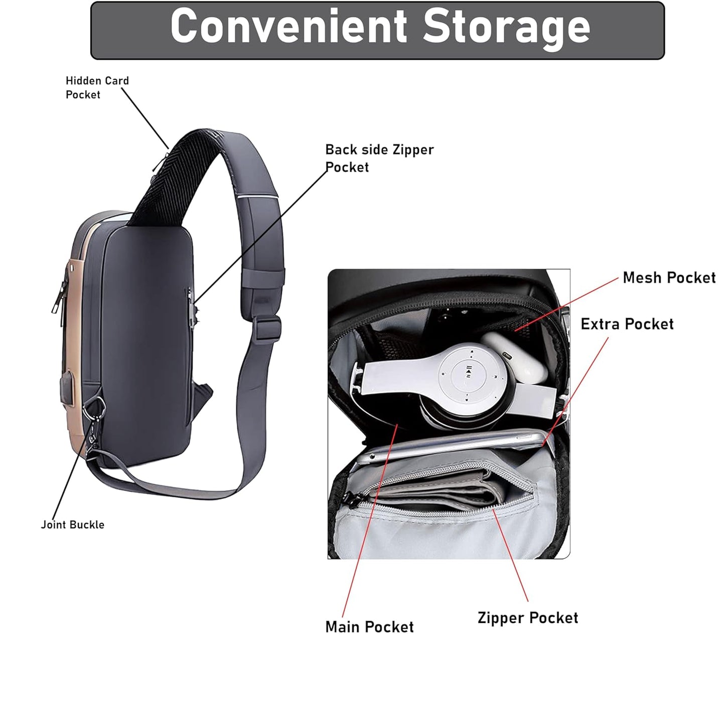 Sling Bag for Men & Women (Grey Brown - 17 x 9 x 32 Cm)