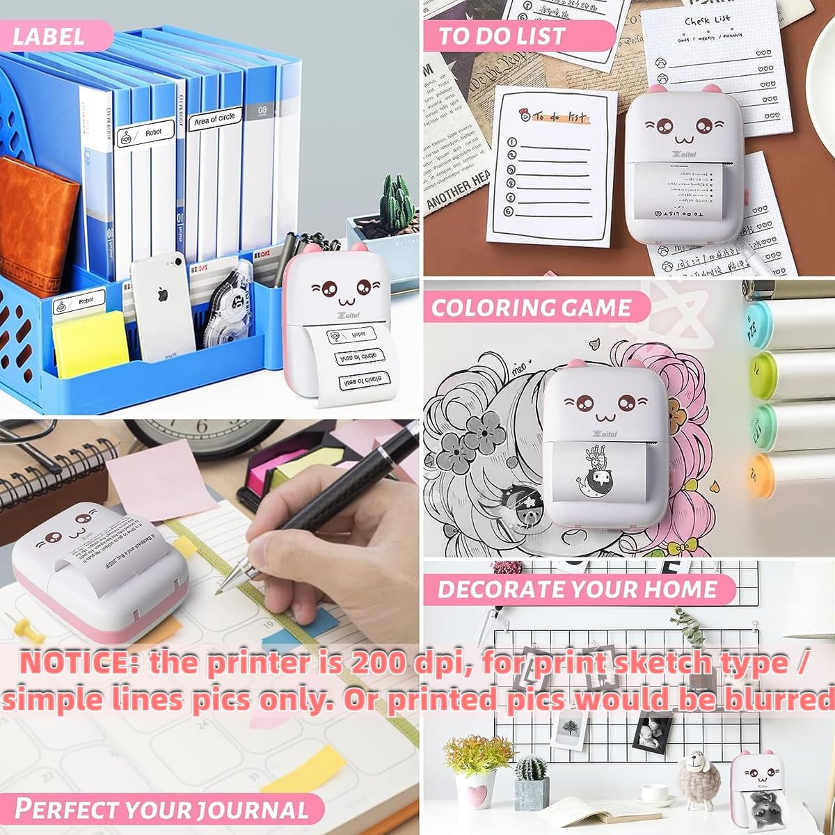Mini Bluetooth Label Printer – Ink-free, pink, with 13 paper rolls.