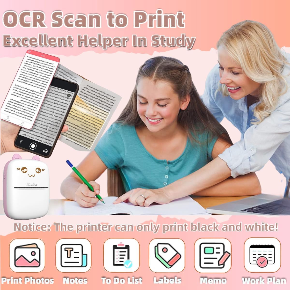 Mini Bluetooth Label Printer – Ink-free, pink, with 13 paper rolls.