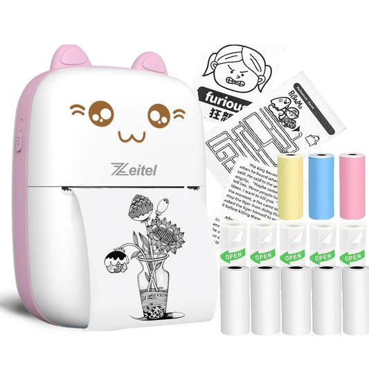 Mini Bluetooth Label Printer – Ink-free, pink, with 13 paper rolls.