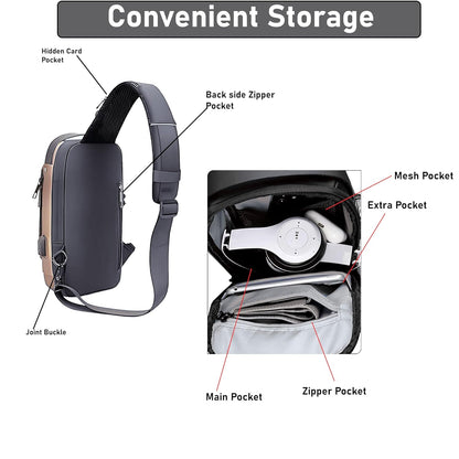 Sling Bag for Men & Women (Grey Brown - 17 x 9 x 32 Cm)