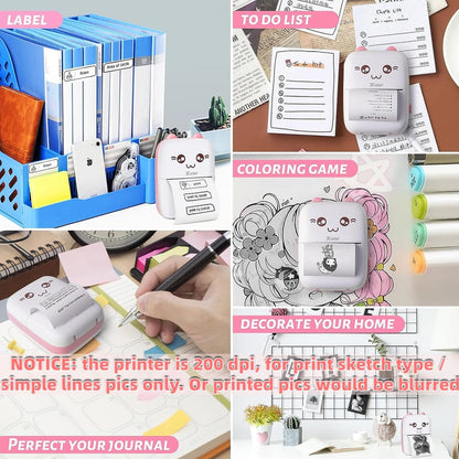 Mini Bluetooth Label Printer – Ink-free, pink, with 13 paper rolls.