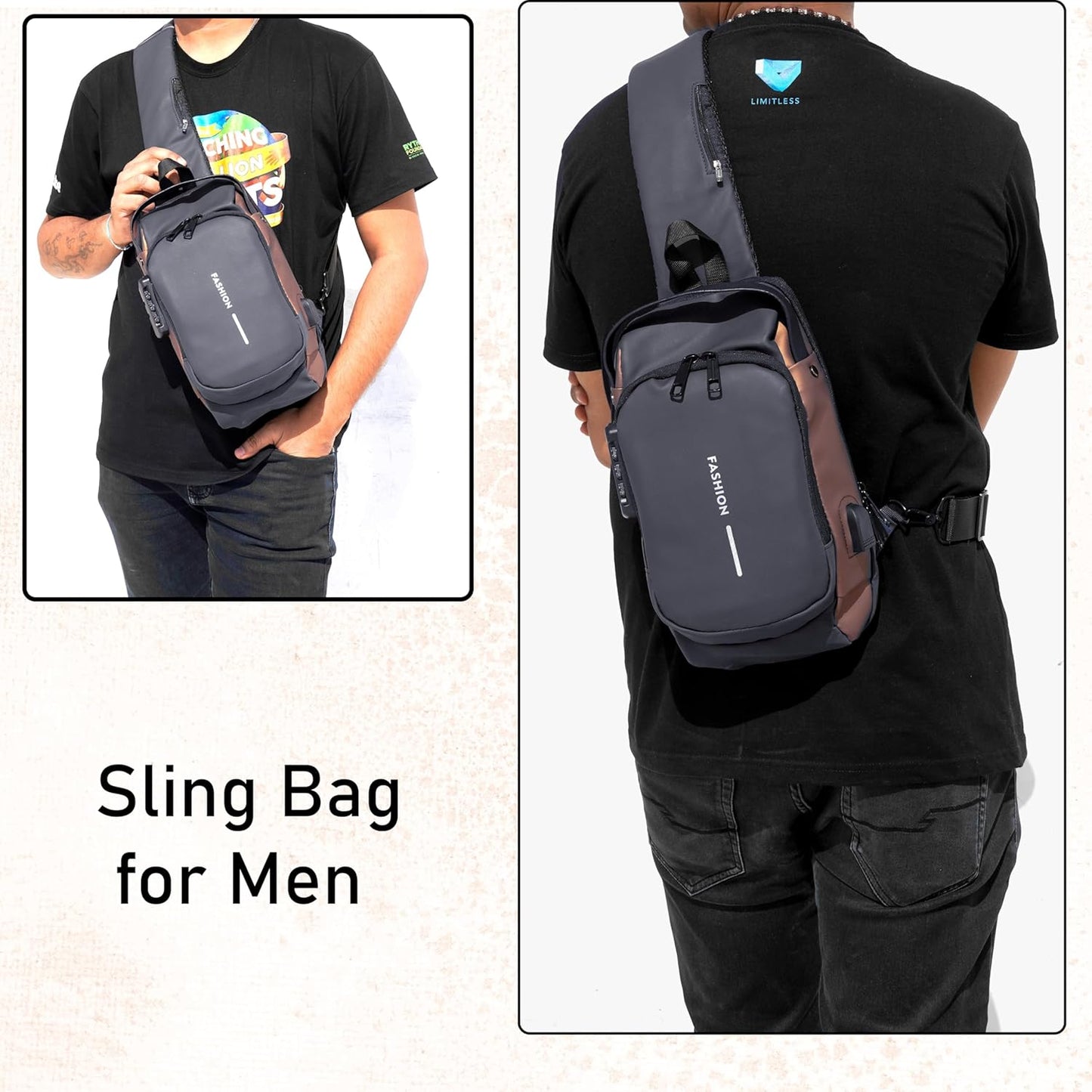 Sling Bag for Men & Women (Grey Brown - 17 x 9 x 32 Cm)