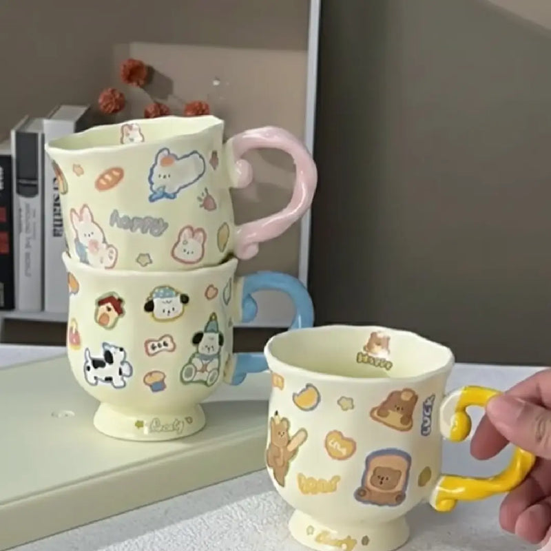 Beauty Series Porcelain Mug with Swirl Handle – Cute Animal Design Vintage Coffee & Tea Cup