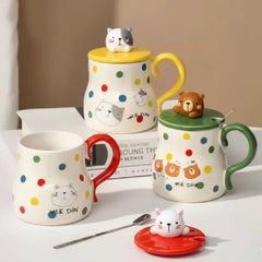 Cute 3D Animal Mug with Lid & Spoon – Bunny Panda Bear Kitty Gift Porcelain Coffee Cup