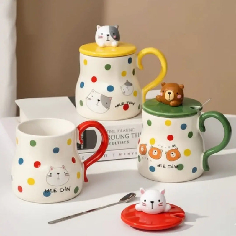 Cute 3D Animal Mug with Lid & Spoon – Bunny Panda Bear Kitty Gift Porcelain Coffee Cup
