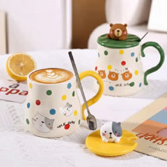 Cute 3D Animal Mug with Lid & Spoon – Bunny Panda Bear Kitty Gift Porcelain Coffee Cup
