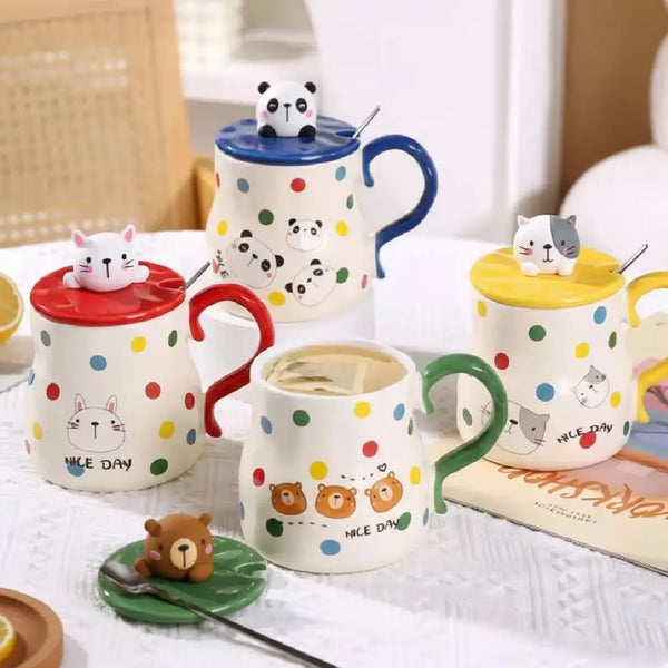 Cute 3D Animal Mug with Lid & Spoon – Bunny Panda Bear Kitty Gift Porcelain Coffee Cup
