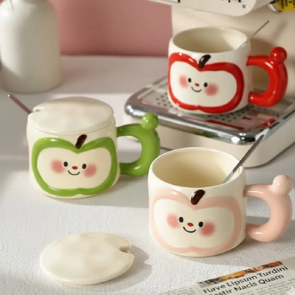 Cute Apple Porcelain Mug with Lid & Spoon – Smiling Fruit Design Coffee & Tea Cup, Premium Gloss Finish