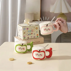 Cute Apple Porcelain Mug with Lid & Spoon – Smiling Fruit Design Coffee & Tea Cup, Premium Gloss Finish
