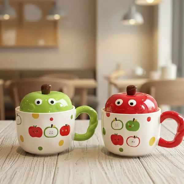 Cute 3D Apple Porcelain Mug Set – Includes Stem Lid and Leaf Spoon