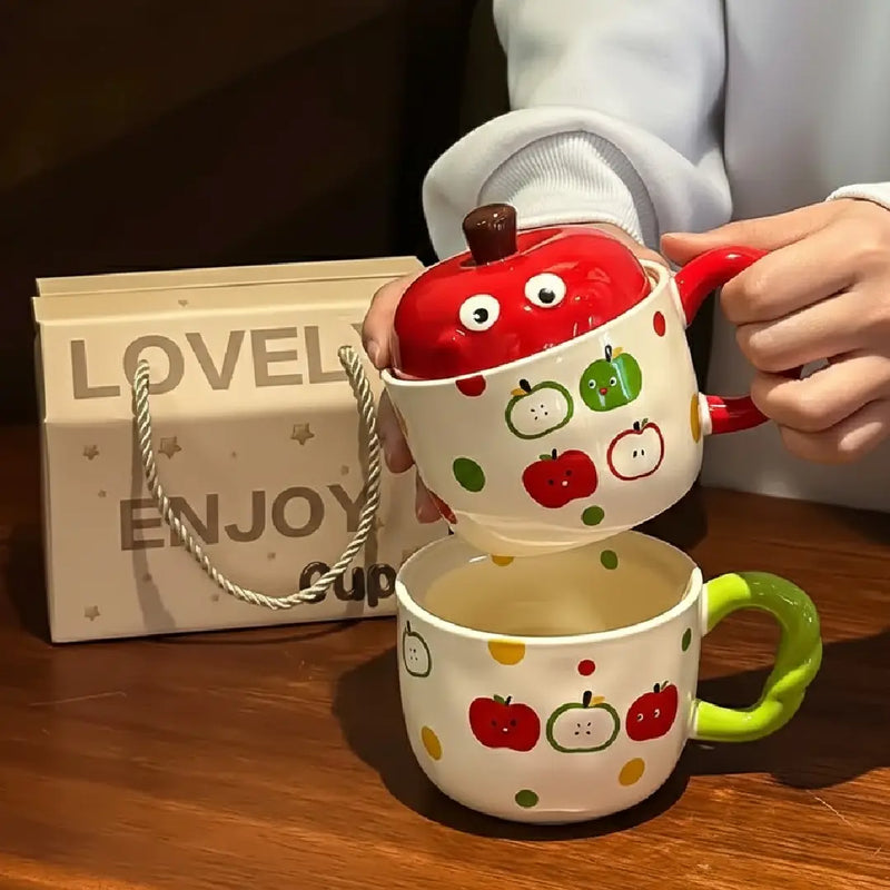 Cute 3D Apple Porcelain Mug Set – Includes Stem Lid and Leaf Spoon
