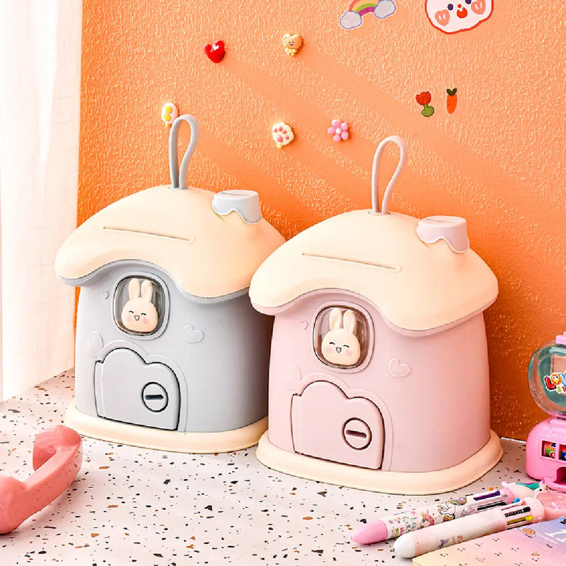 Cute Rabbit House Piggy Bank With Key – Tiny Treasure