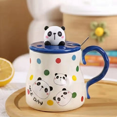 Cute 3D Animal Mug with Lid & Spoon – Bunny Panda Bear Kitty Gift Porcelain Coffee Cup