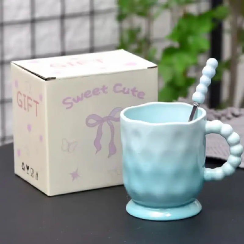 Pastel Gradient Porcelain Mug with Spoon – Dimple Texture Coffee Cup in Gift Box