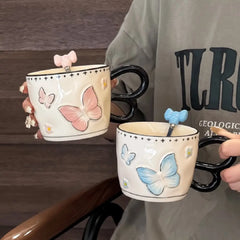Cute Butterfly Porcelain Mug With Bow Lid Korean Style