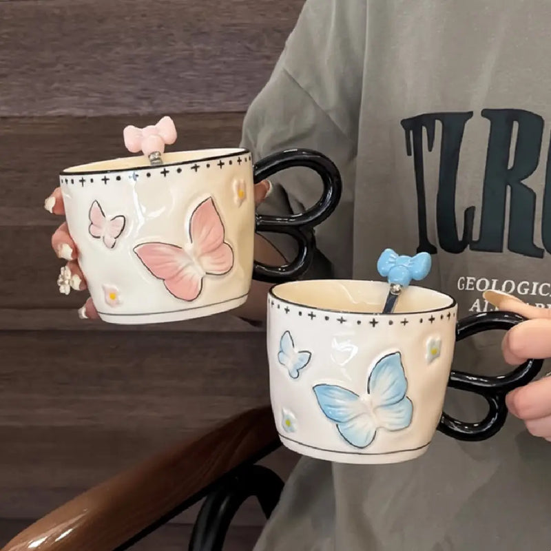 Cute Butterfly Porcelain Mug With Bow Lid Korean Style