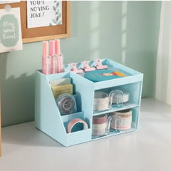 Cute House Desk Organizer for Stationery & Makeup Storage (Blue)