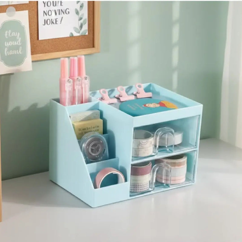 Cute House Desk Organizer for Stationery & Makeup Storage (Blue)