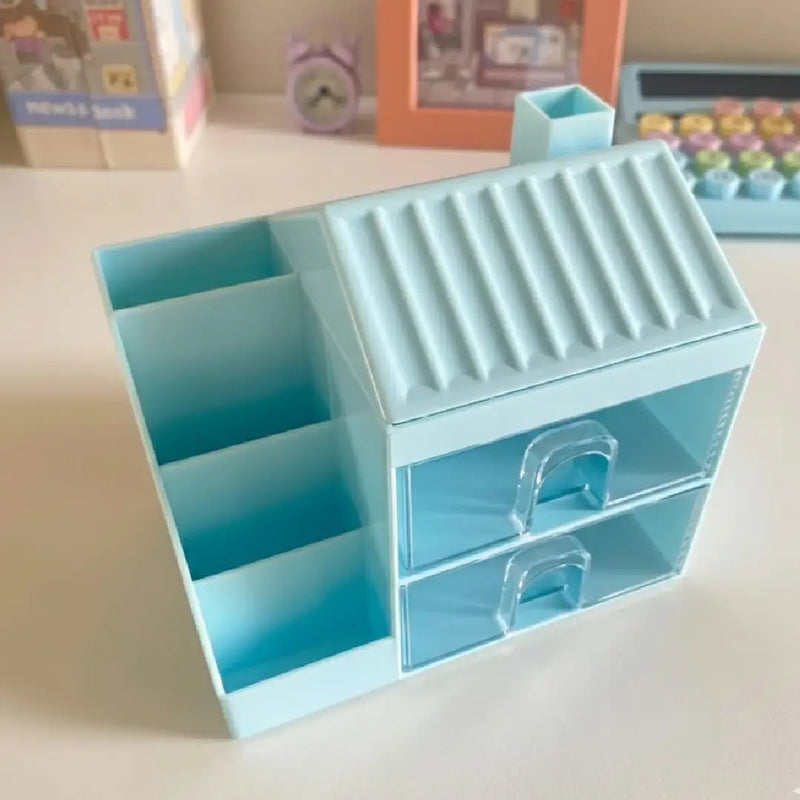 Cute House Desk Organizer for Stationery & Makeup Storage (Blue)