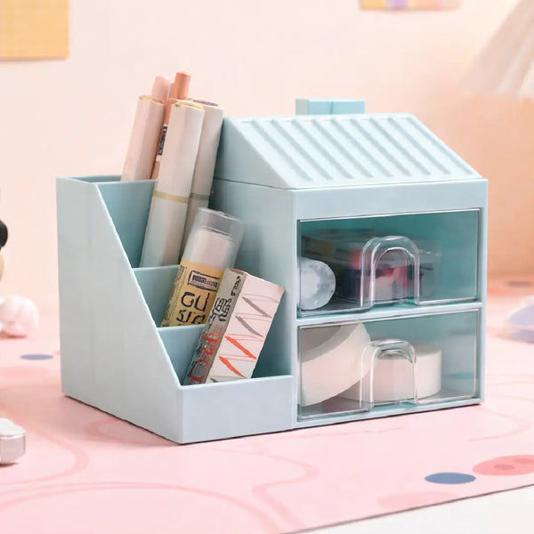Cute House Desk Organizer for Stationery & Makeup Storage (Blue)