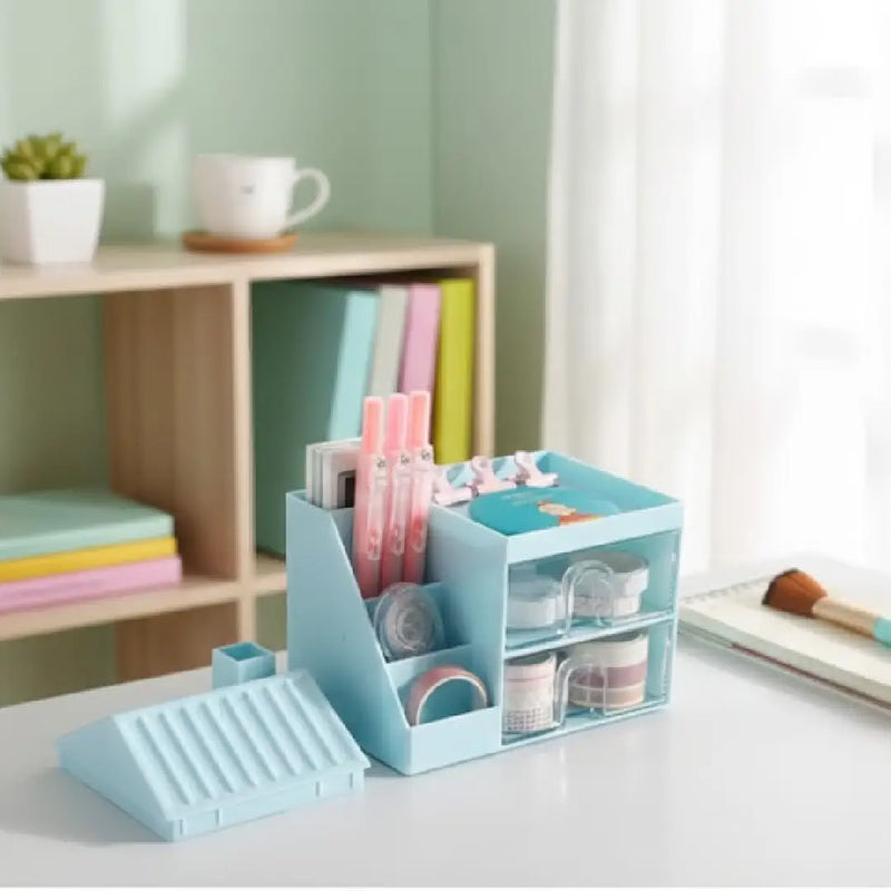 Cute House Desk Organizer for Stationery & Makeup Storage (Blue)