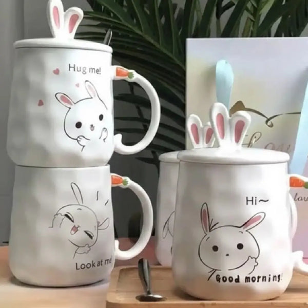Cute Bunny Porcelain Mug with Lid & Spoon – Adorable Rabbit Coffee & Tea Cup Gift