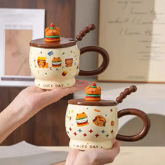 3D Animal Burger Porcelain Mug Set with Lid & Spoon – Cute Aesthetic Coffee & Tea Cup
