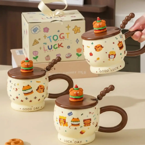 3D Animal Burger Porcelain Mug Set with Lid & Spoon – Cute Aesthetic Coffee & Tea Cup