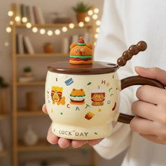 3D Animal Burger Porcelain Mug Set with Lid & Spoon – Cute Aesthetic Coffee & Tea Cup