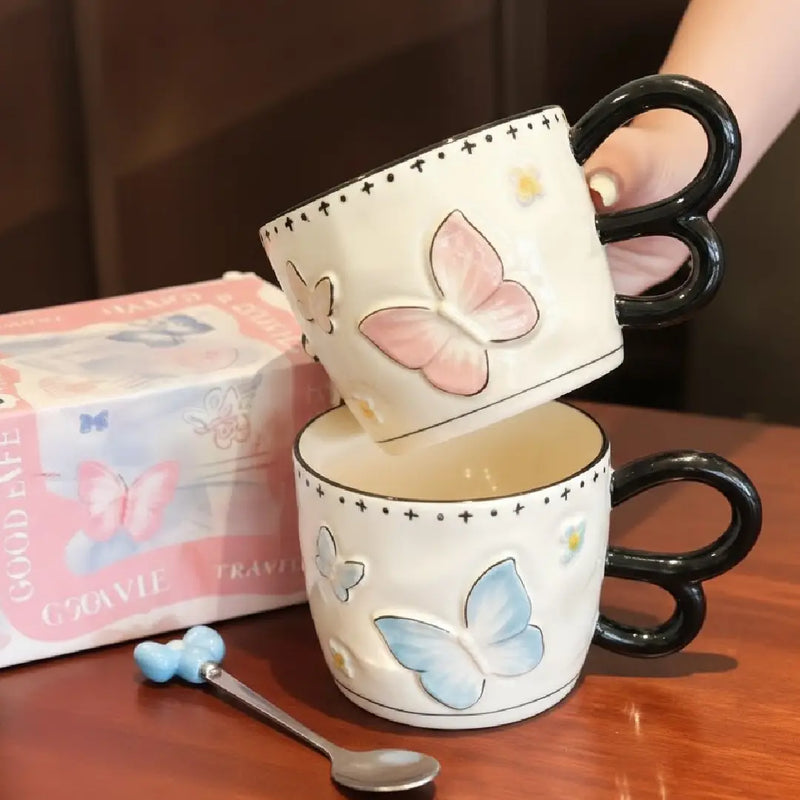 Cute Butterfly Porcelain Mug With Bow Lid Korean Style