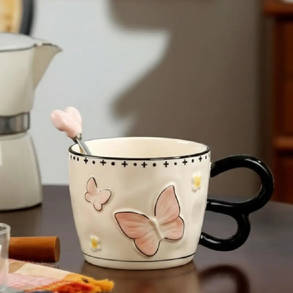 Cute Butterfly Porcelain Mug With Bow Lid Korean Style