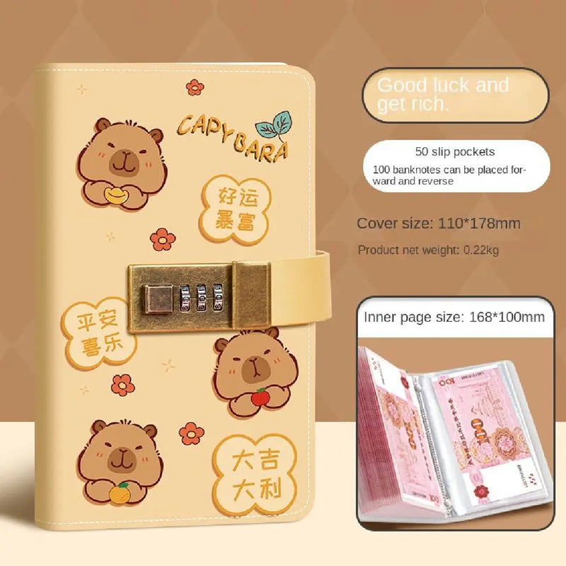 Kawaii Capybara Lockable Envelope Money Savings Book – Brown Theme