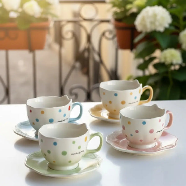 Ribbon Handle Porcelain Mug With Scalloped Saucer Korean Style