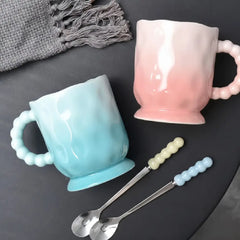 Pastel Gradient Porcelain Mug with Spoon – Dimple Texture Coffee Cup in Gift Box