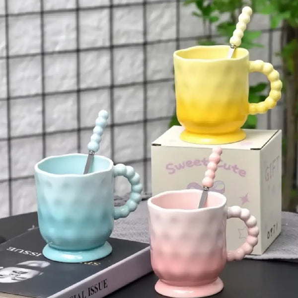 Pastel Gradient Porcelain Mug with Spoon – Dimple Texture Coffee Cup in Gift Box