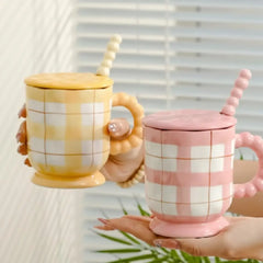 Pastel Porcelain Coffee Mug with Lid & Spoon – Hand-Painted Checkered Design