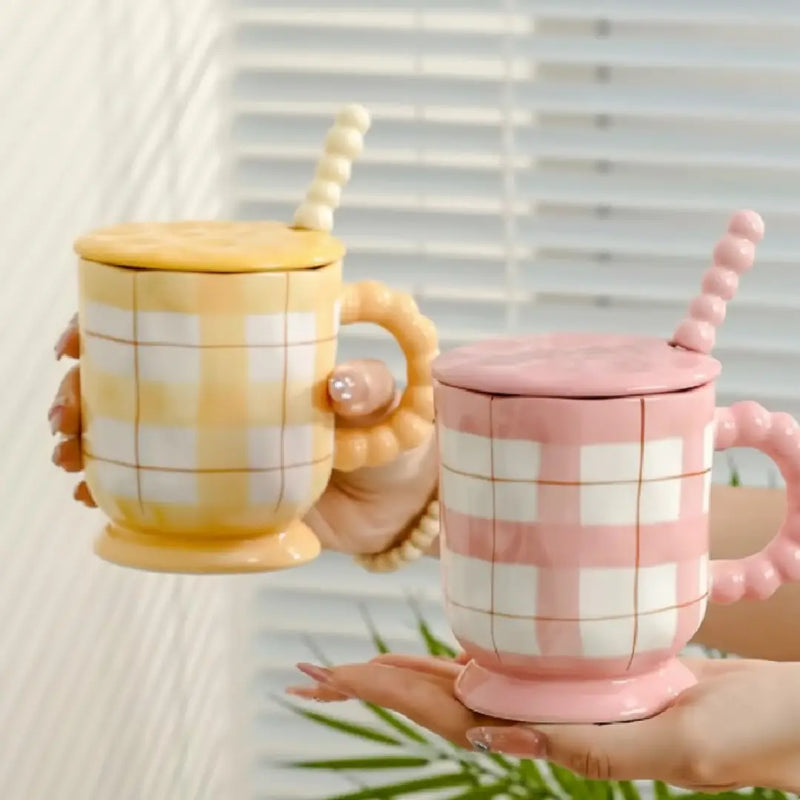 Pastel Porcelain Coffee Mug with Lid & Spoon – Hand-Painted Checkered Design