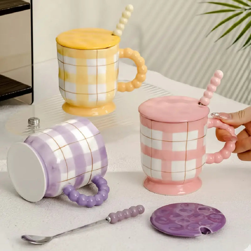 Pastel Porcelain Coffee Mug with Lid & Spoon – Hand-Painted Checkered Design