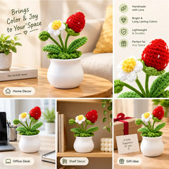 Crochet Flower Pot - Strawberry, white-and-yellow flower