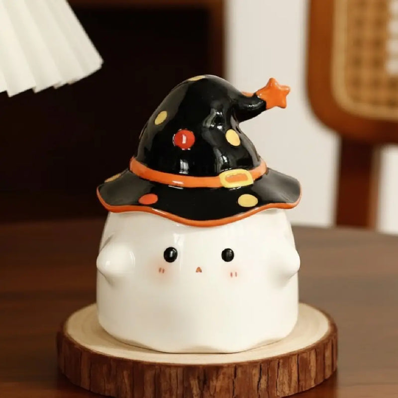 Cute Ghost Porcelain Coffee Mug with Witch Hat Lid