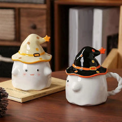 Cute Ghost Porcelain Coffee Mug with Witch Hat Lid