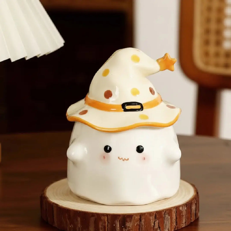 Cute Ghost Porcelain Coffee Mug with Witch Hat Lid